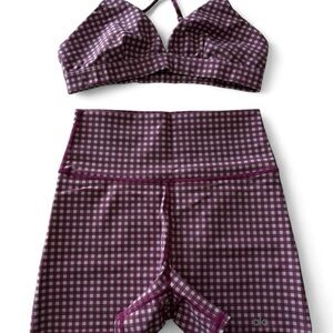 ALO Yoga Burgundy and Light Pink Gingham Sports Bra & High-Waist Shorts Set
